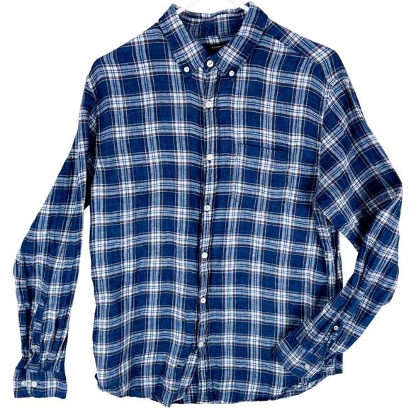 Banana Republic Linen Shirt Men's Medium Shirt Long Sleeve Plaid Blue White - Picture 1 of 10